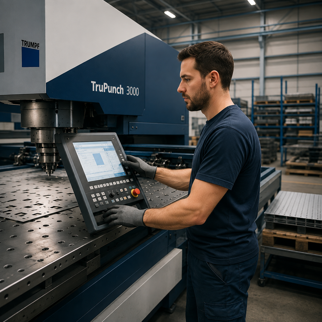Operator wearing gloves and dark blue workwear, using the touchscreen control panel of a TruPunch 3000 metal punch machine in a factory.