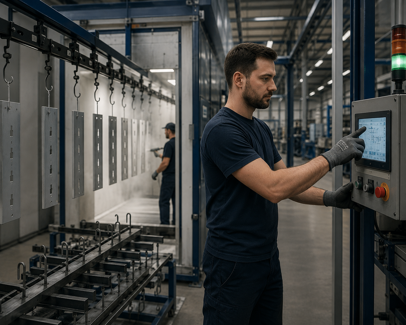 A man in a navy shirt and gloves uses a touchscreen control panel in a factory.