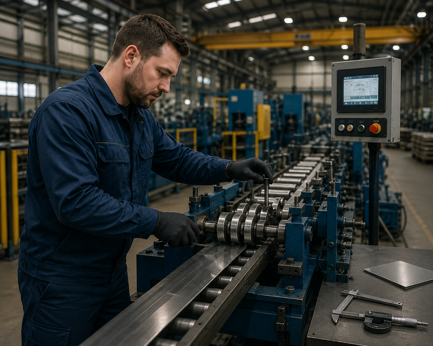 Machinist in blue coveralls adjusts a roller machine on a production line.